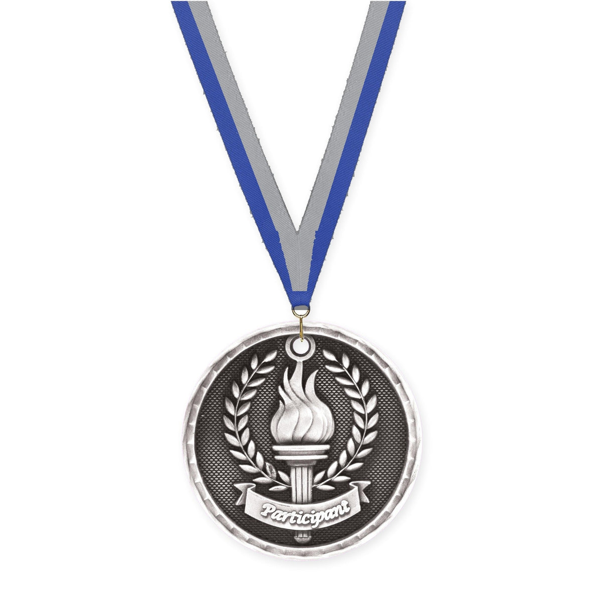 2 inch Participant 3-D medal in antique silver with Blue Gray neck ribbon