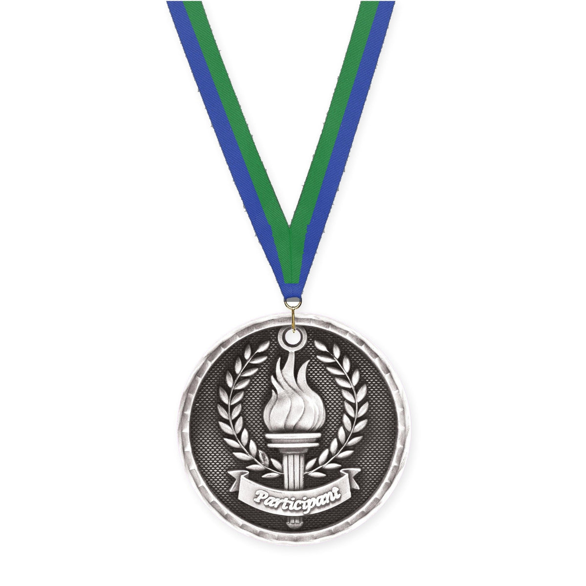 2 inch Participant 3-D medal in antique silver with Blue Green neck ribbon