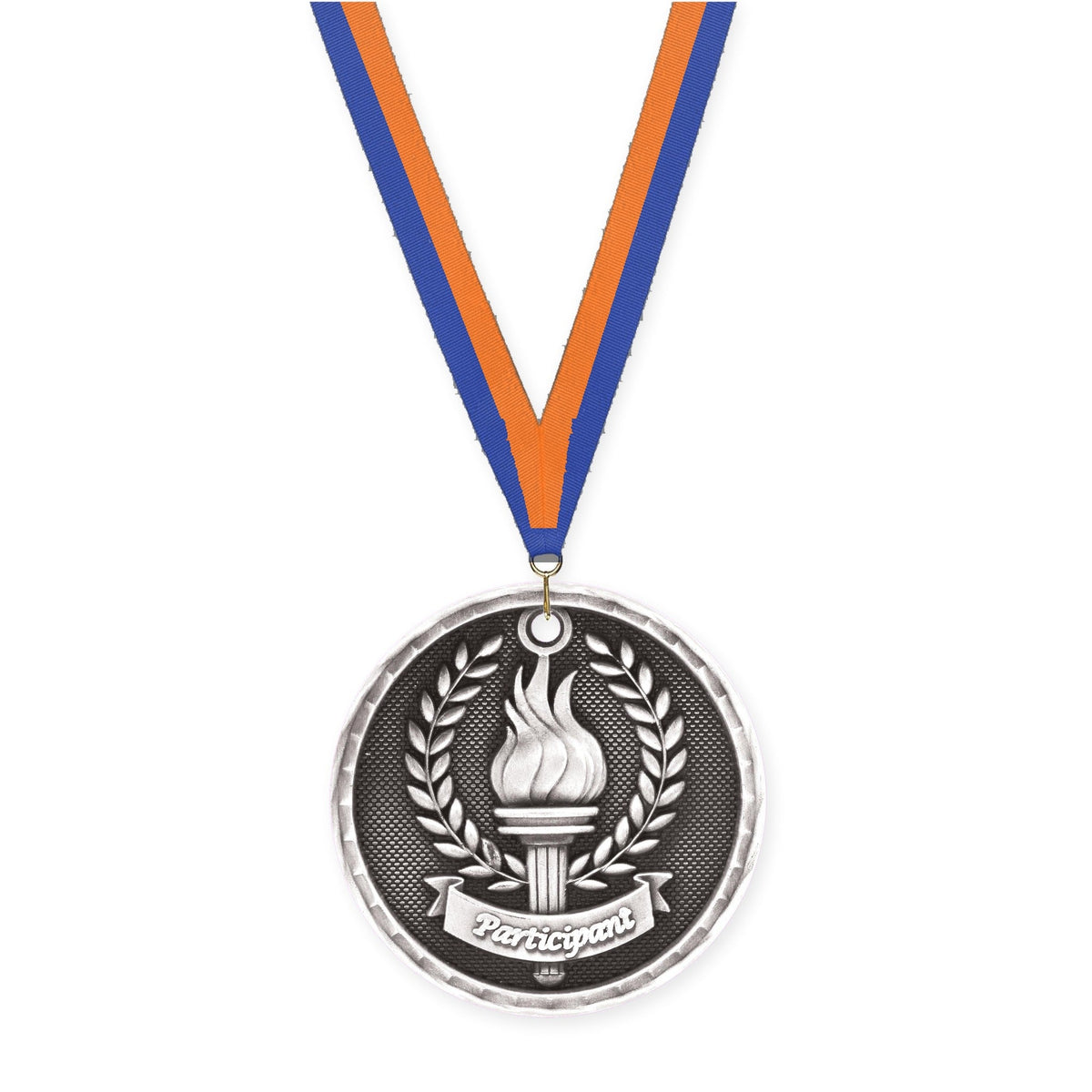 2 inch Participant 3-D medal in antique silver with Blue Orange neck ribbon