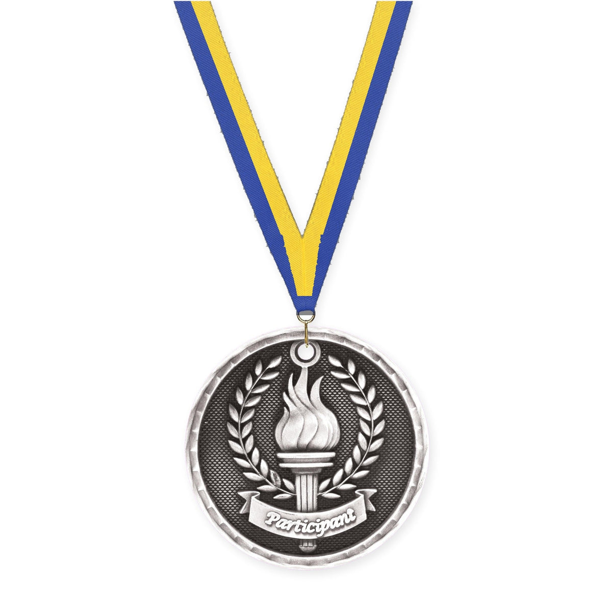 2 inch Participant 3-D medal in antique silver with Blue Yellow neck ribbon