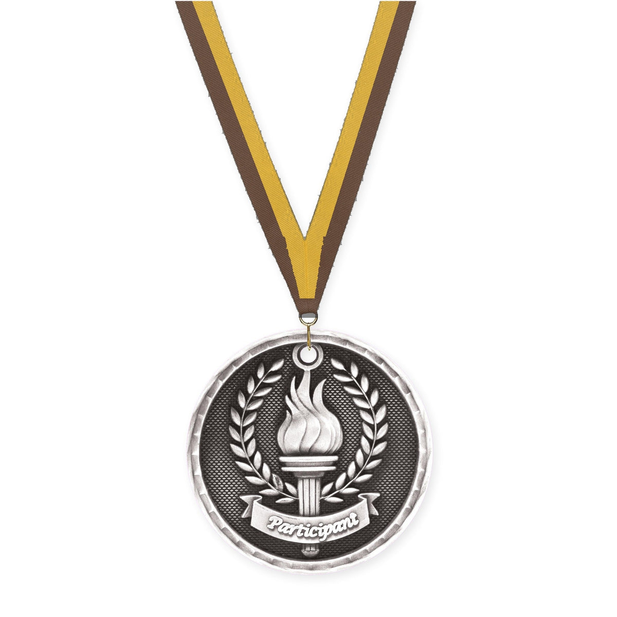 2 inch Participant 3-D medal in antique silver with Brown Gold neck ribbon