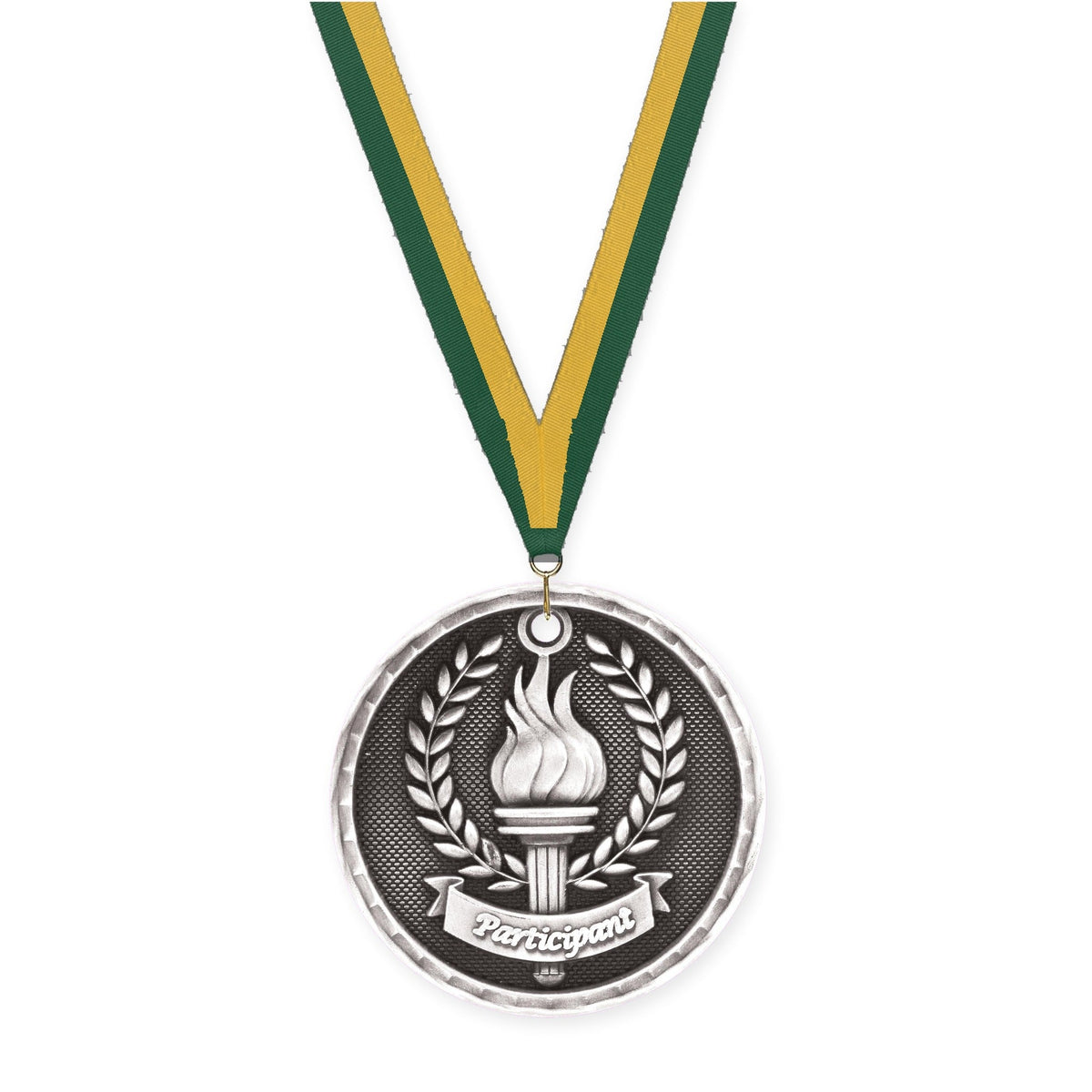 2 inch Participant 3-D medal in antique silver with Hunter Green Gold neck ribbon