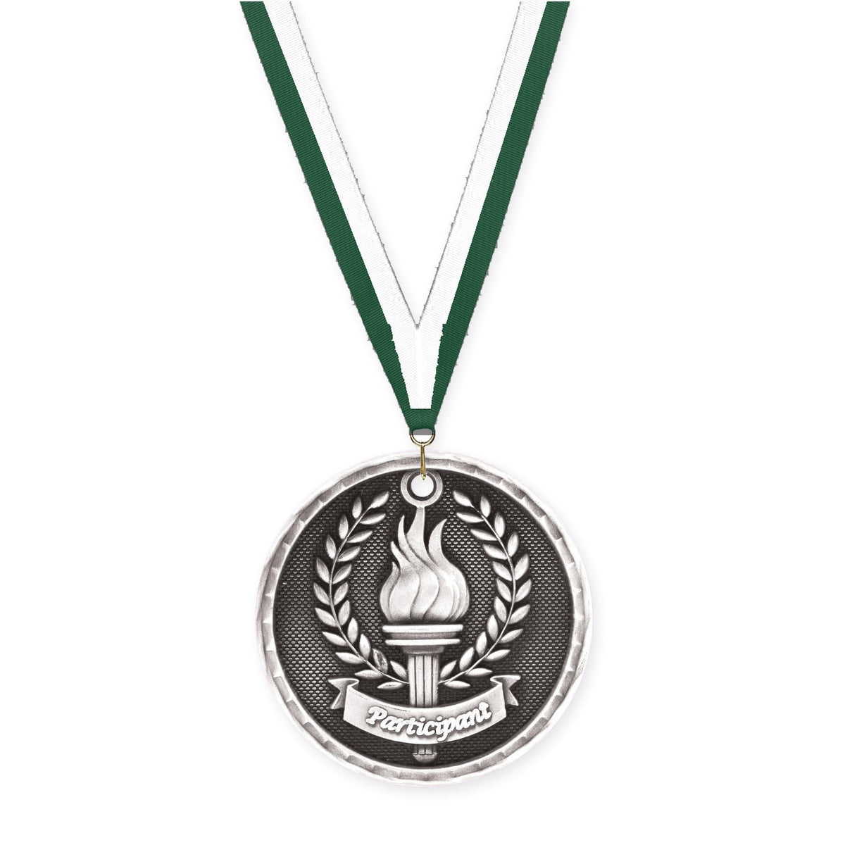 2 inch Participant 3-D medal in antique silver with Hunter Green White neck ribbon
