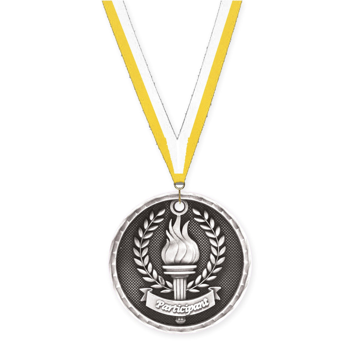 2 inch Participant 3-D medal in antique silver with Yellow White neck ribbon