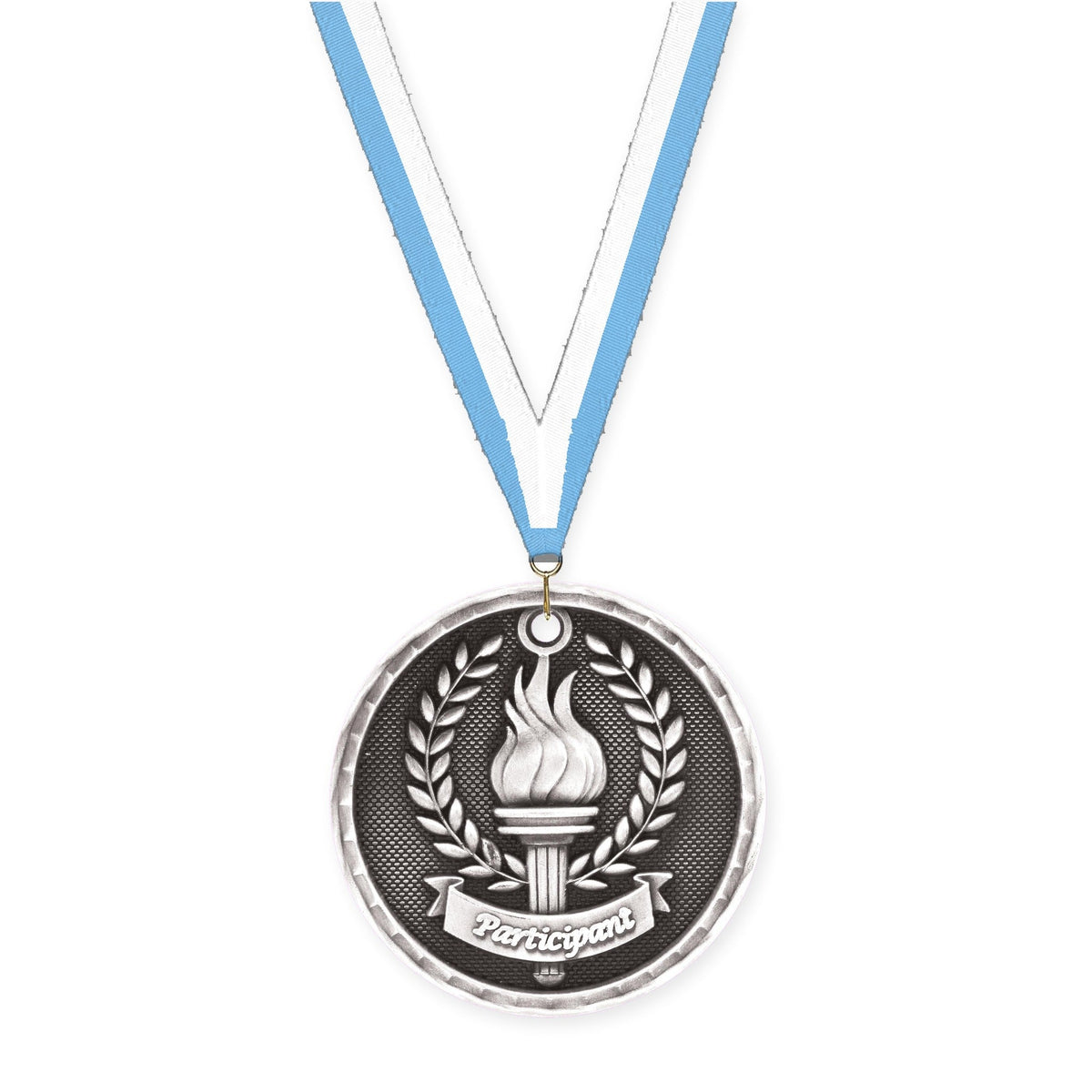 2 inch Participant 3-D medal in antique silver with Light Blue White neck ribbon