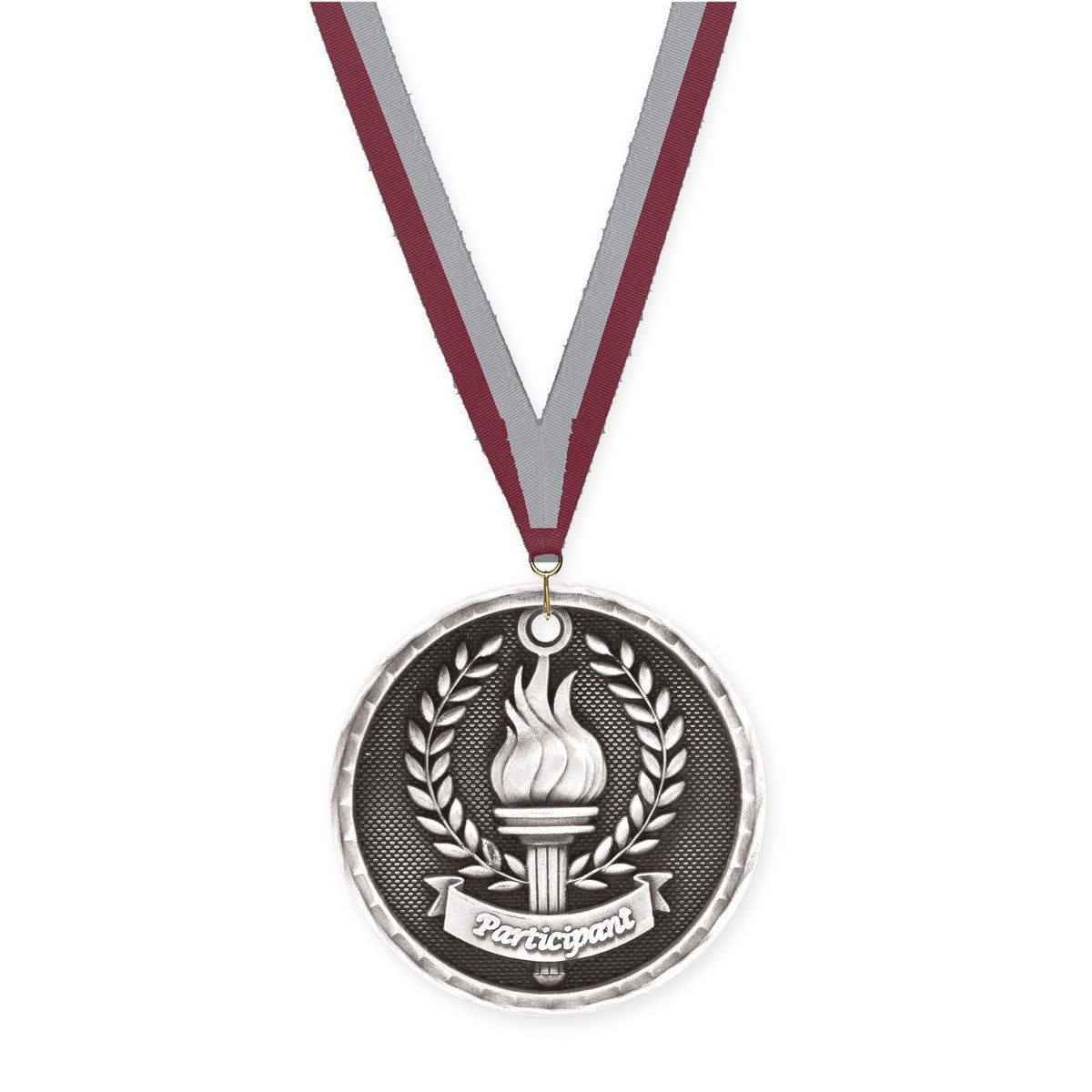 2 inch Participant 3-D medal in antique silver with Maroon Gray neck ribbon