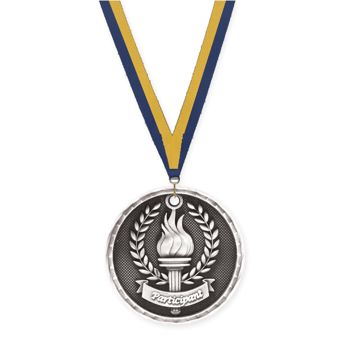 2 inch Participant 3-D medal in antique silver with Navy Gold neck ribbon