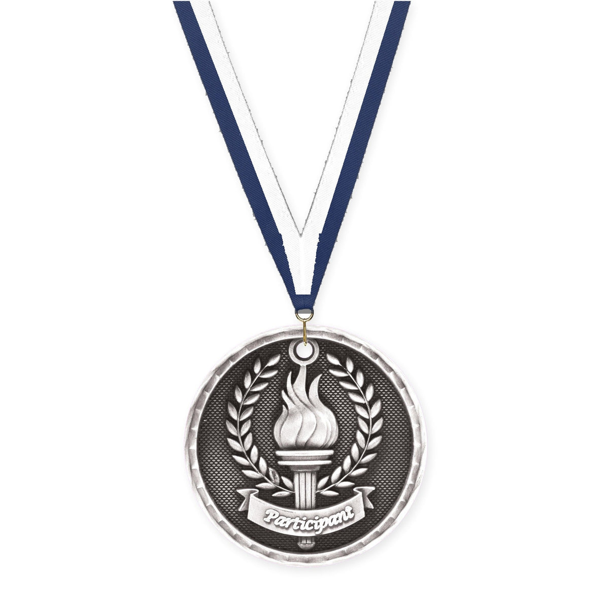 2 inch Participant 3-D medal in antique silver with Navy White neck ribbon