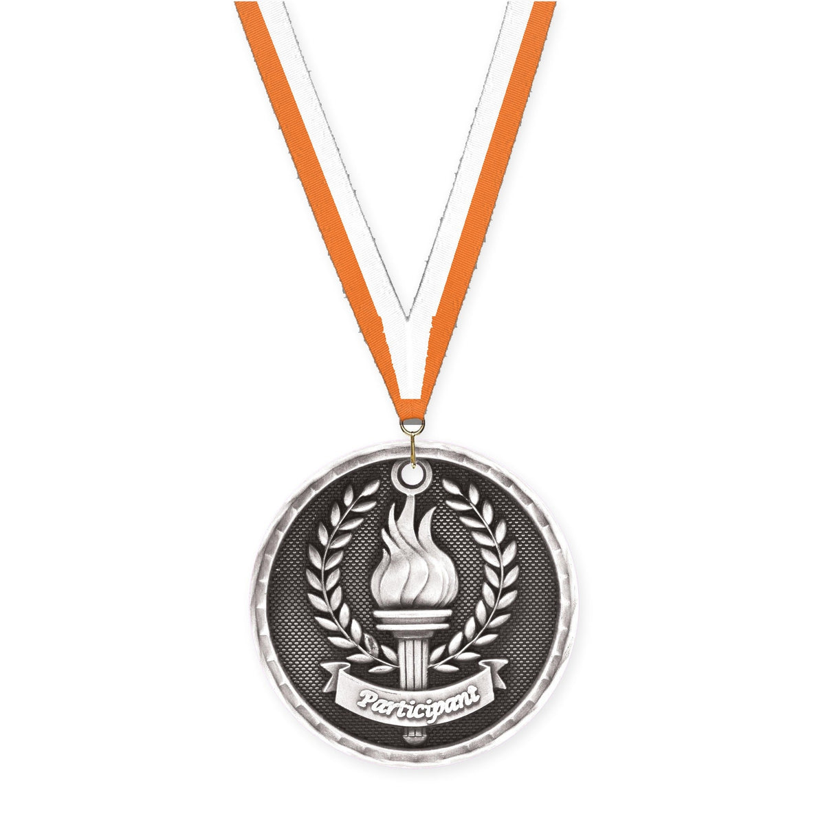 2 inch Participant 3-D medal in antique silver with Orange White neck ribbon