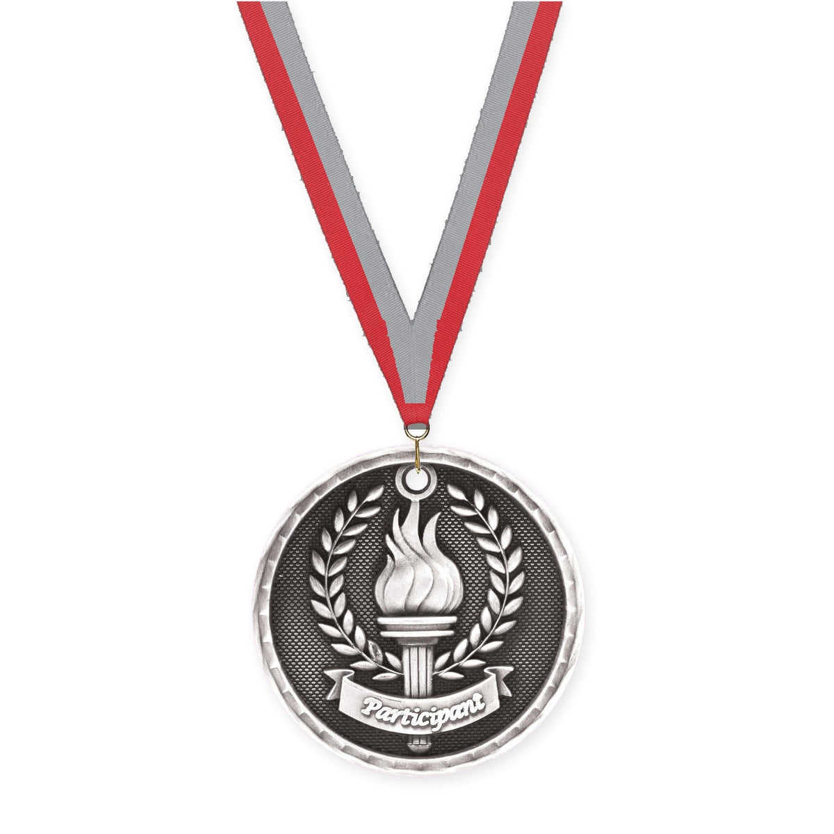 2 inch Participant 3-D medal in antique silver with Red Gray neck ribbon