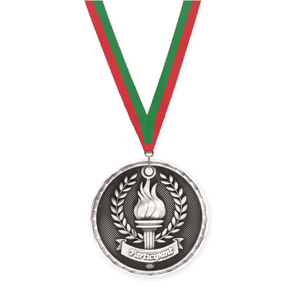 2 inch Participant 3-D medal in antique silver with Red Green neck ribbon