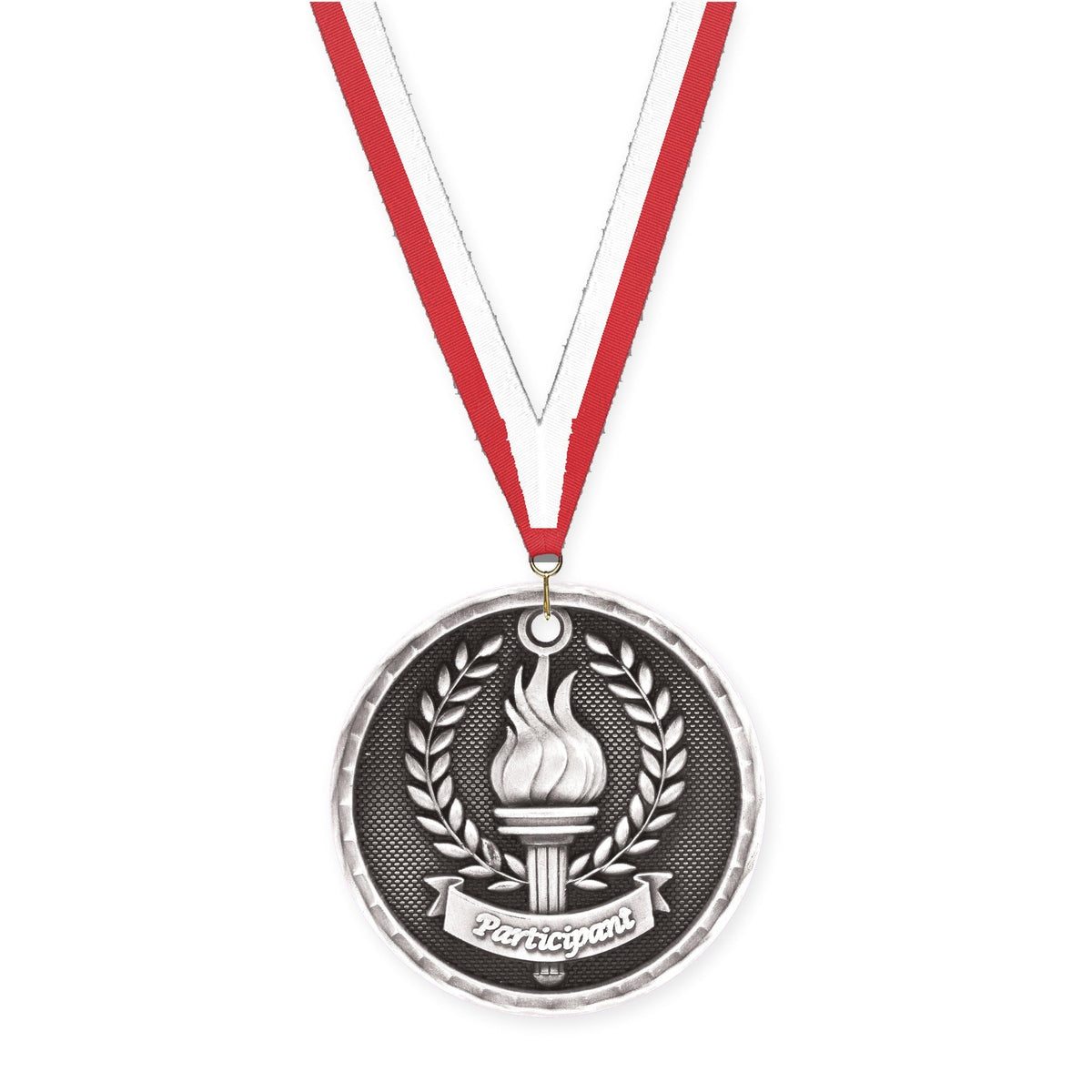 2 inch Participant 3-D medal in antique silver with Red White neck ribbon