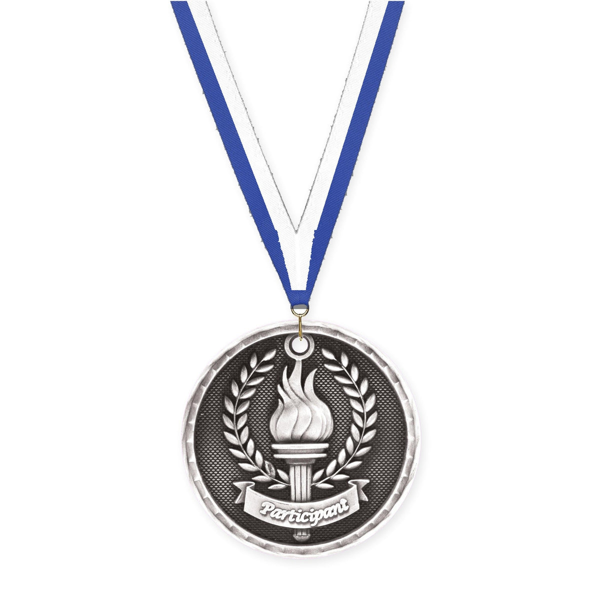 2 inch Participant 3-D medal in antique silver with Blue White neck ribbon