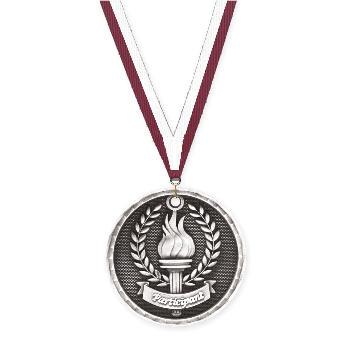 2 inch Participant 3-D medal in antique silver with Maroon White neck ribbon
