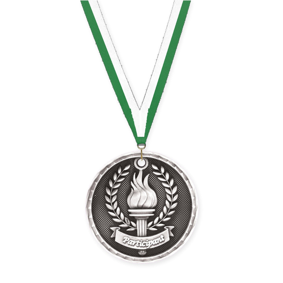 2 inch Participant 3-D medal in antique silver with Green White neck ribbon