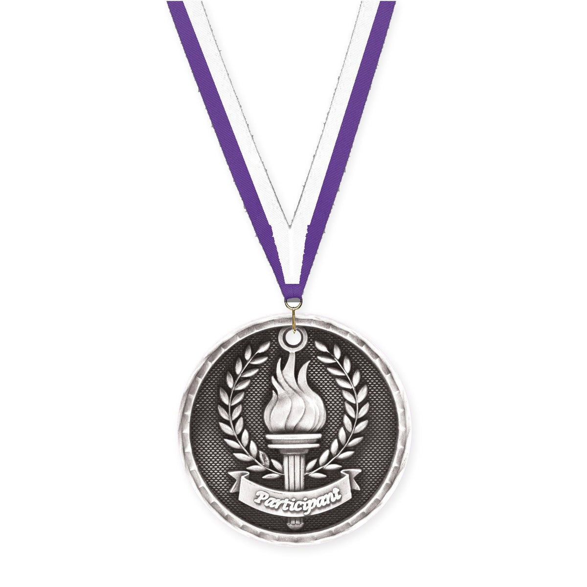 2 inch Participant 3-D medal in antique silver with Purple White neck ribbon