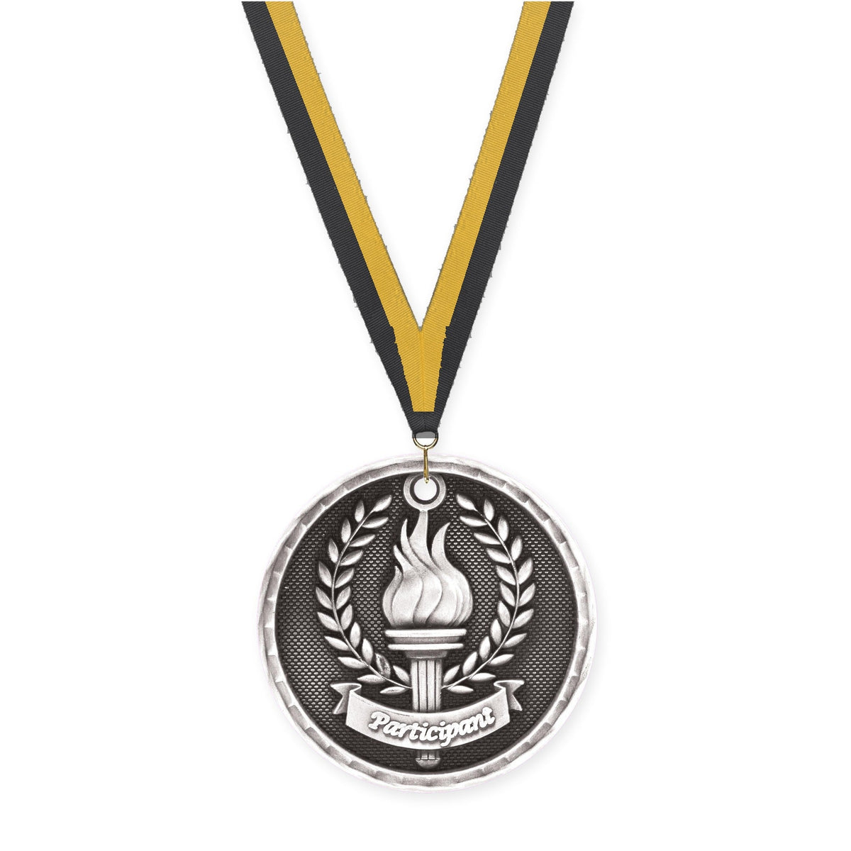 2 inch Participant 3-D medal in antique silver with Black Gold neck ribbon