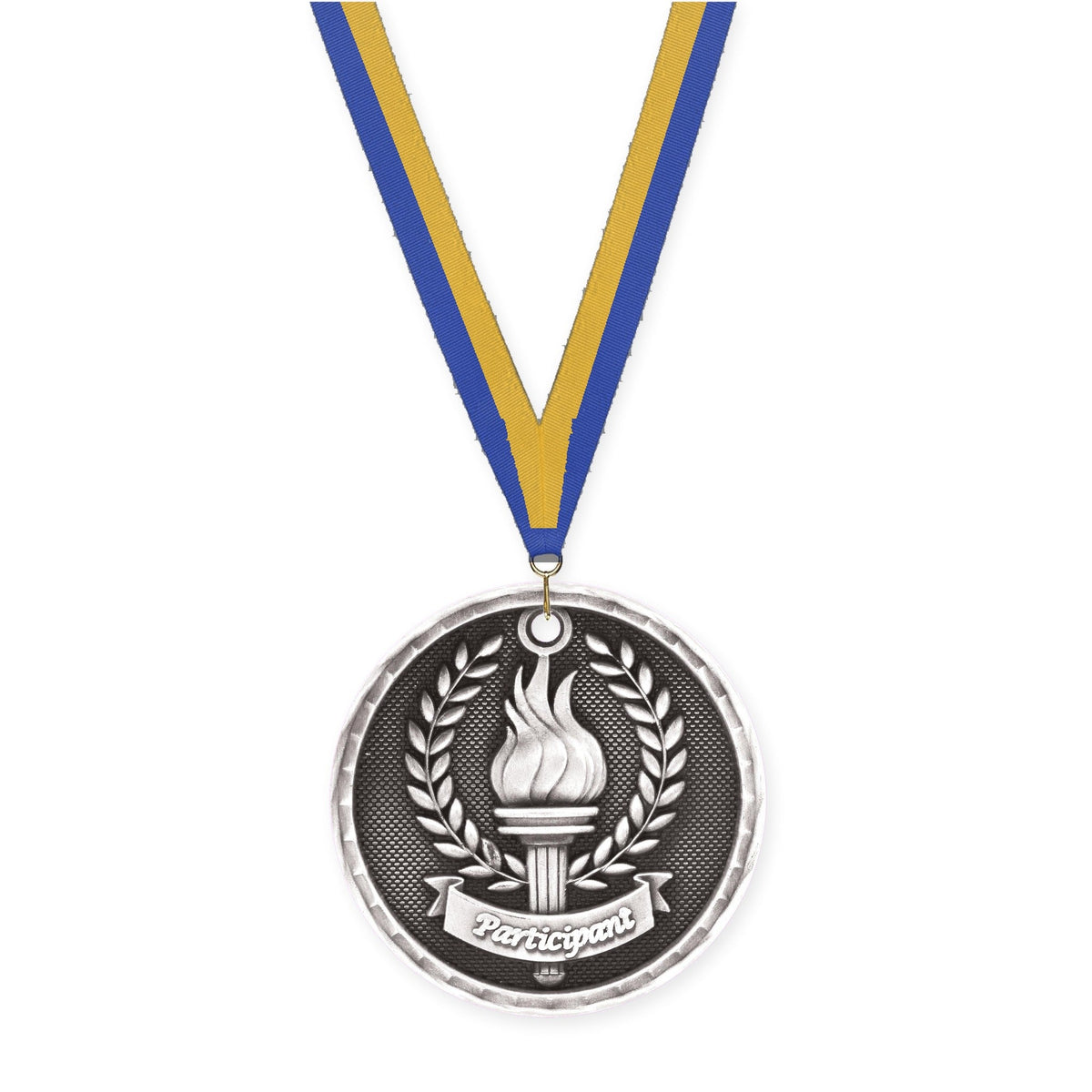 2 inch Participant 3-D medal in antique silver with Blue Gold neck ribbon