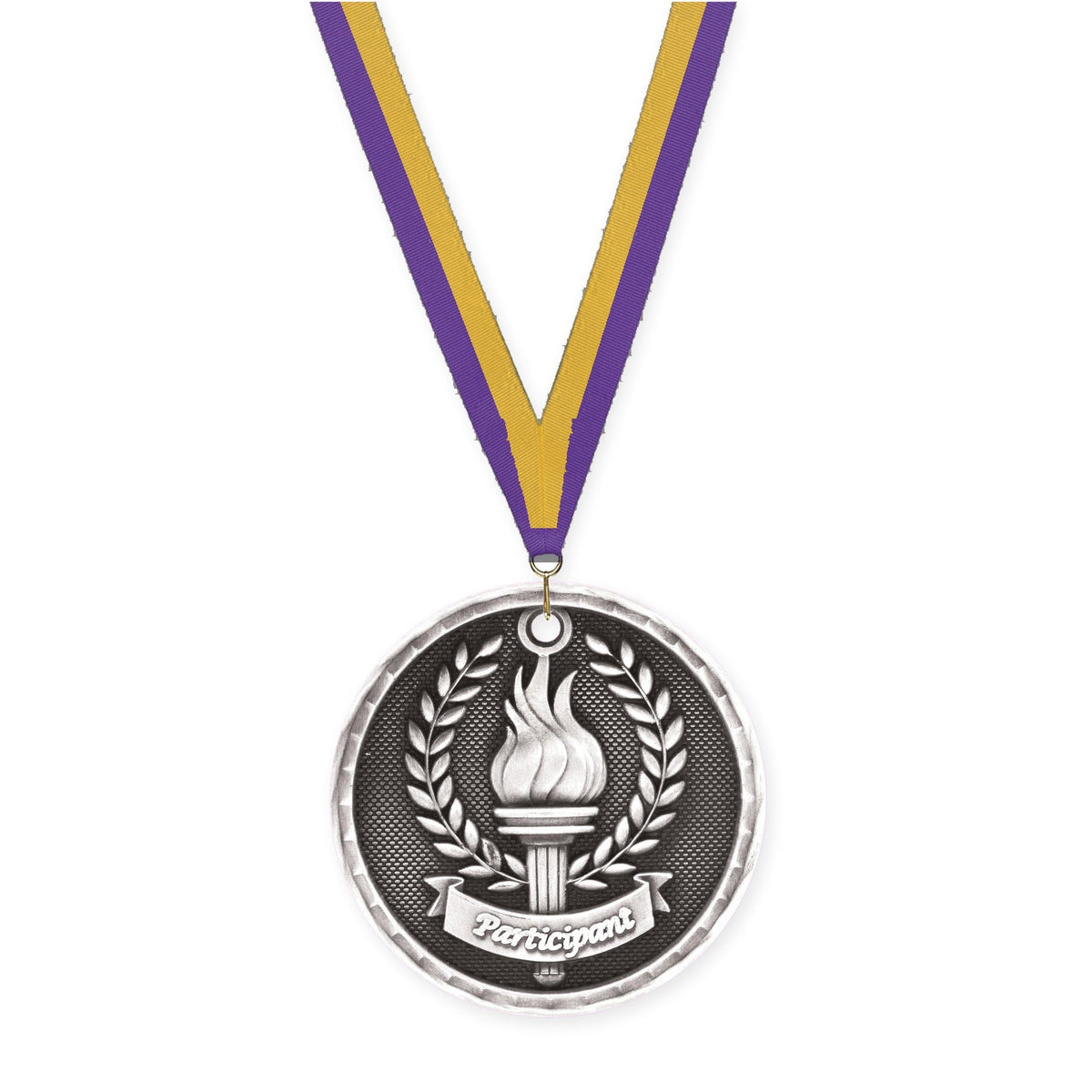 2 inch Participant 3-D medal in antique silver with Purple Gold neck ribbon