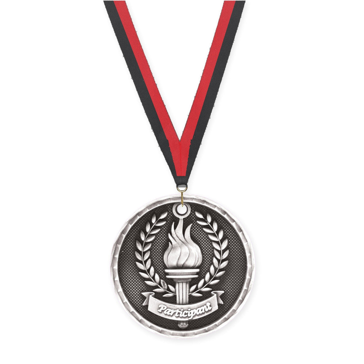 2 inch Participant 3-D medal in antique silver with Black Red neck ribbon