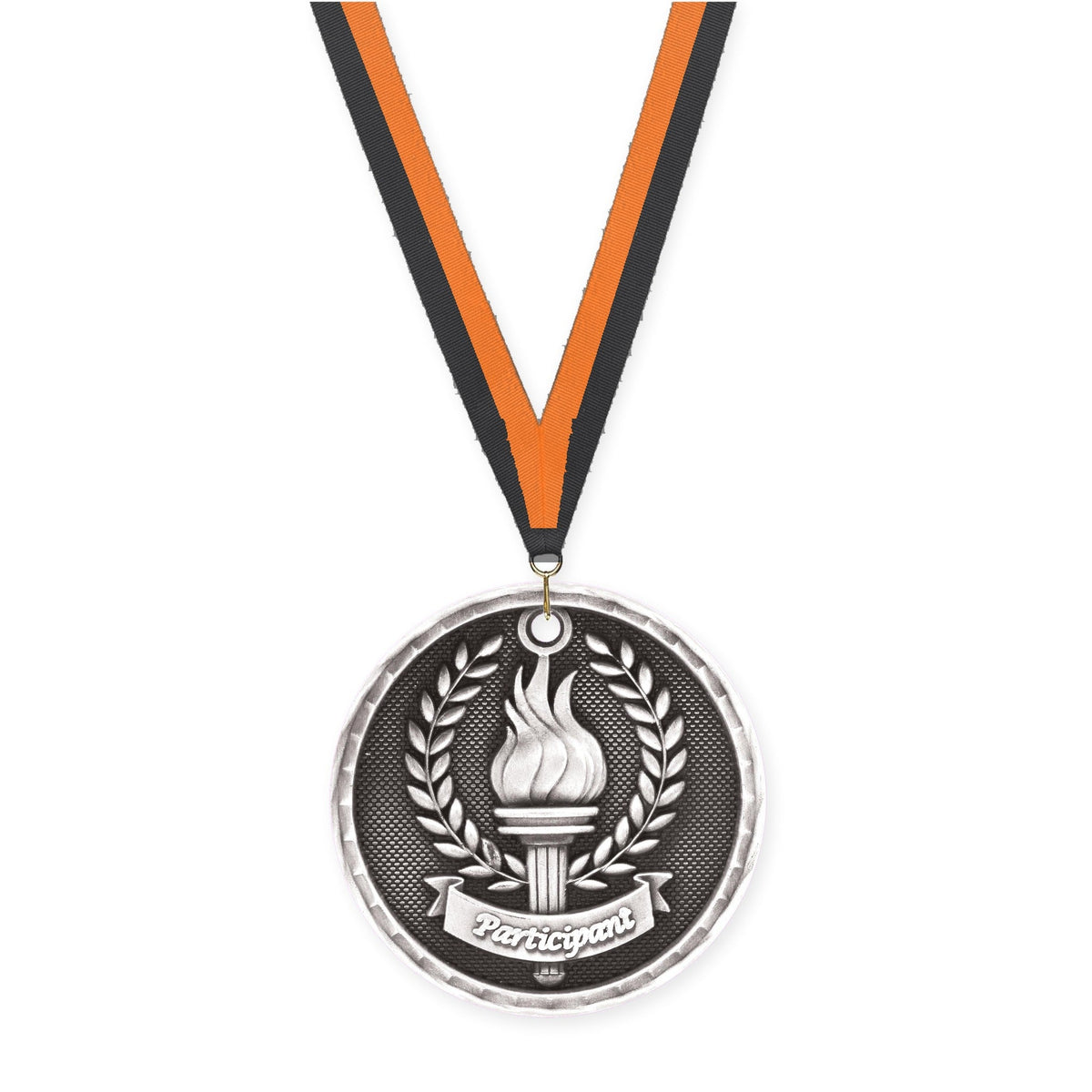 2 inch Participant 3-D medal in antique silver with Black Orange neck ribbon