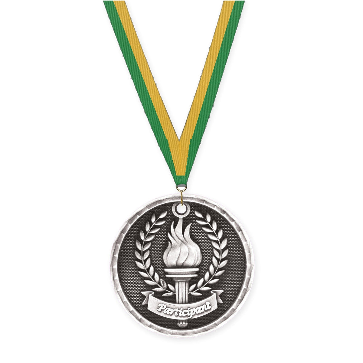 2 inch Participant 3-D medal in antique silver with Green Gold neck ribbon
