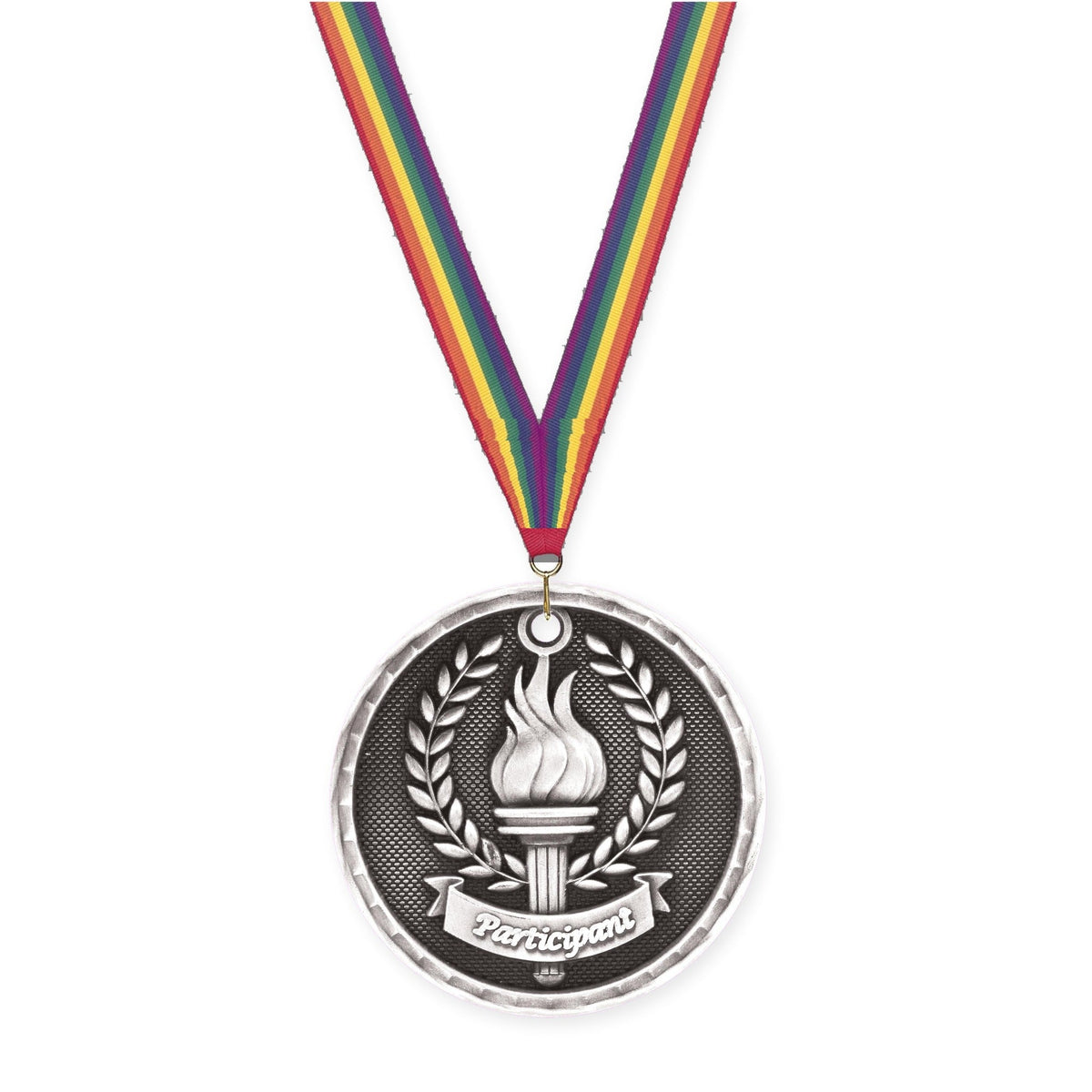 2 inch Participant 3-D medal in antique silver with Rainbow neck ribbon