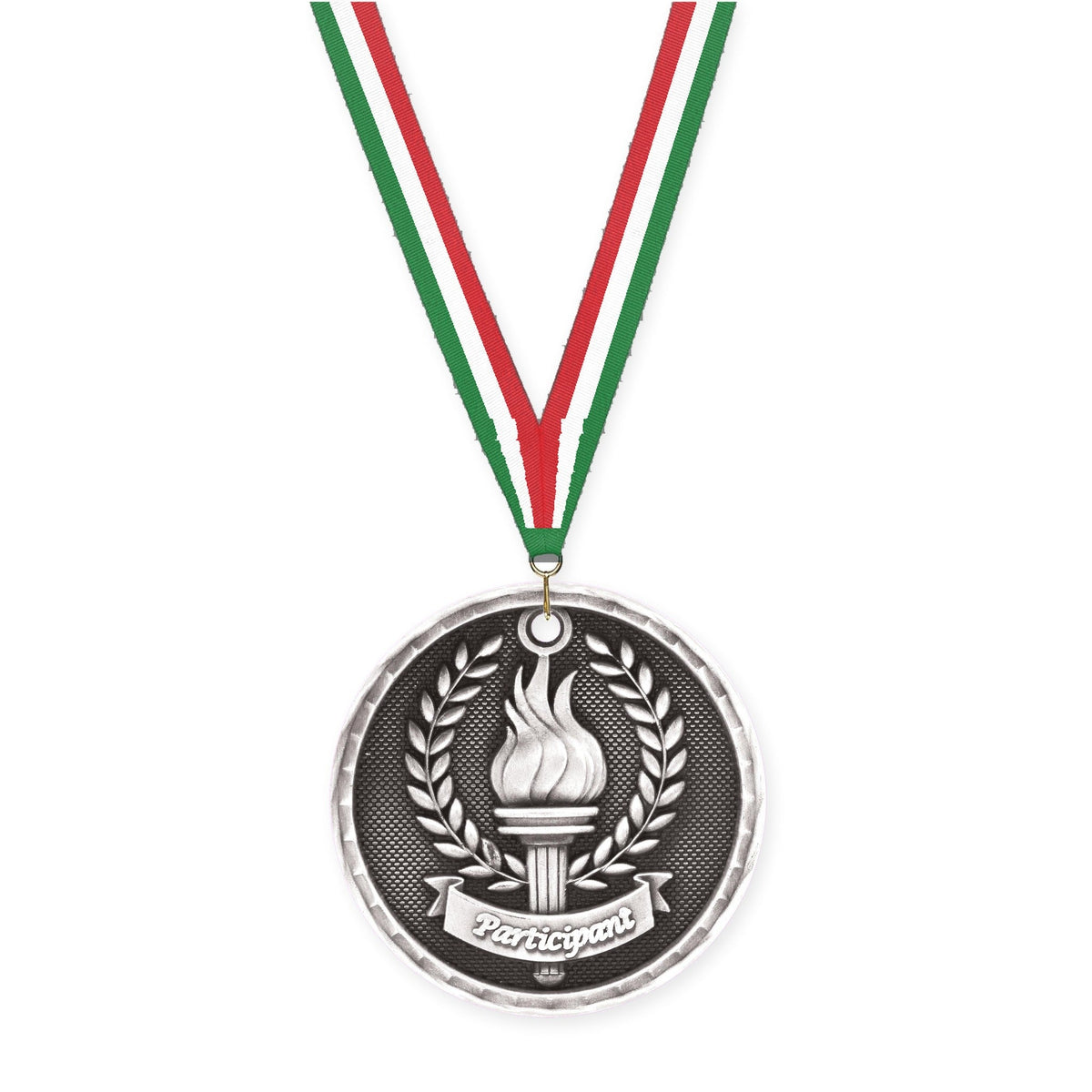 2 inch Participant 3-D medal in antique silver with Green White Red neck ribbon