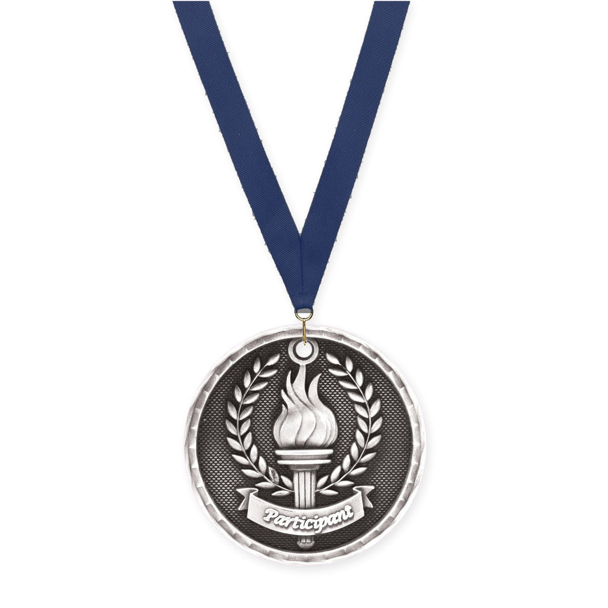 2 inch Participant 3-D medal in antique silver with Navy neck ribbon