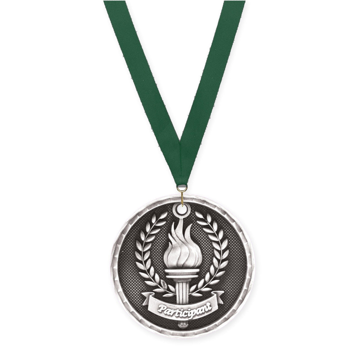 2 inch Participant 3-D medal in antique silver with Hunter Green neck ribbon