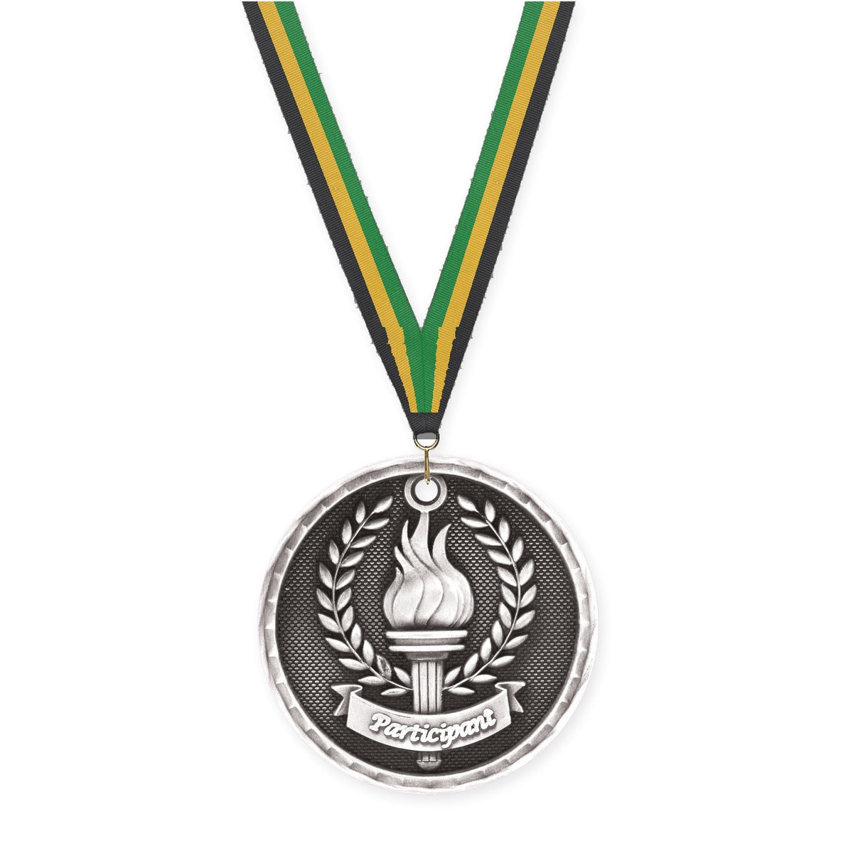 2 inch Participant 3-D medal in antique silver with Black Gold Green neck ribbon
