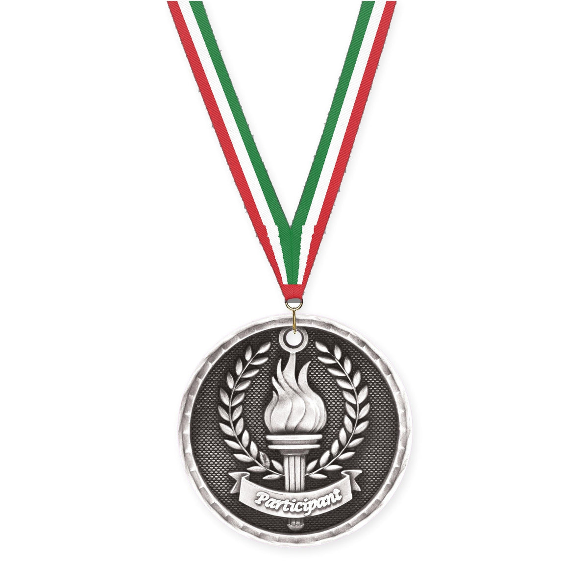 2 inch Participant 3-D medal in antique silver with Red White Green neck ribbon