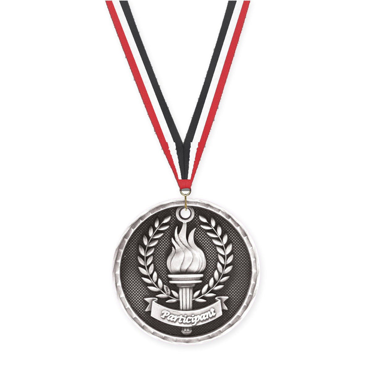 2 inch Participant 3-D medal in antique silver with Red White Black neck ribbon