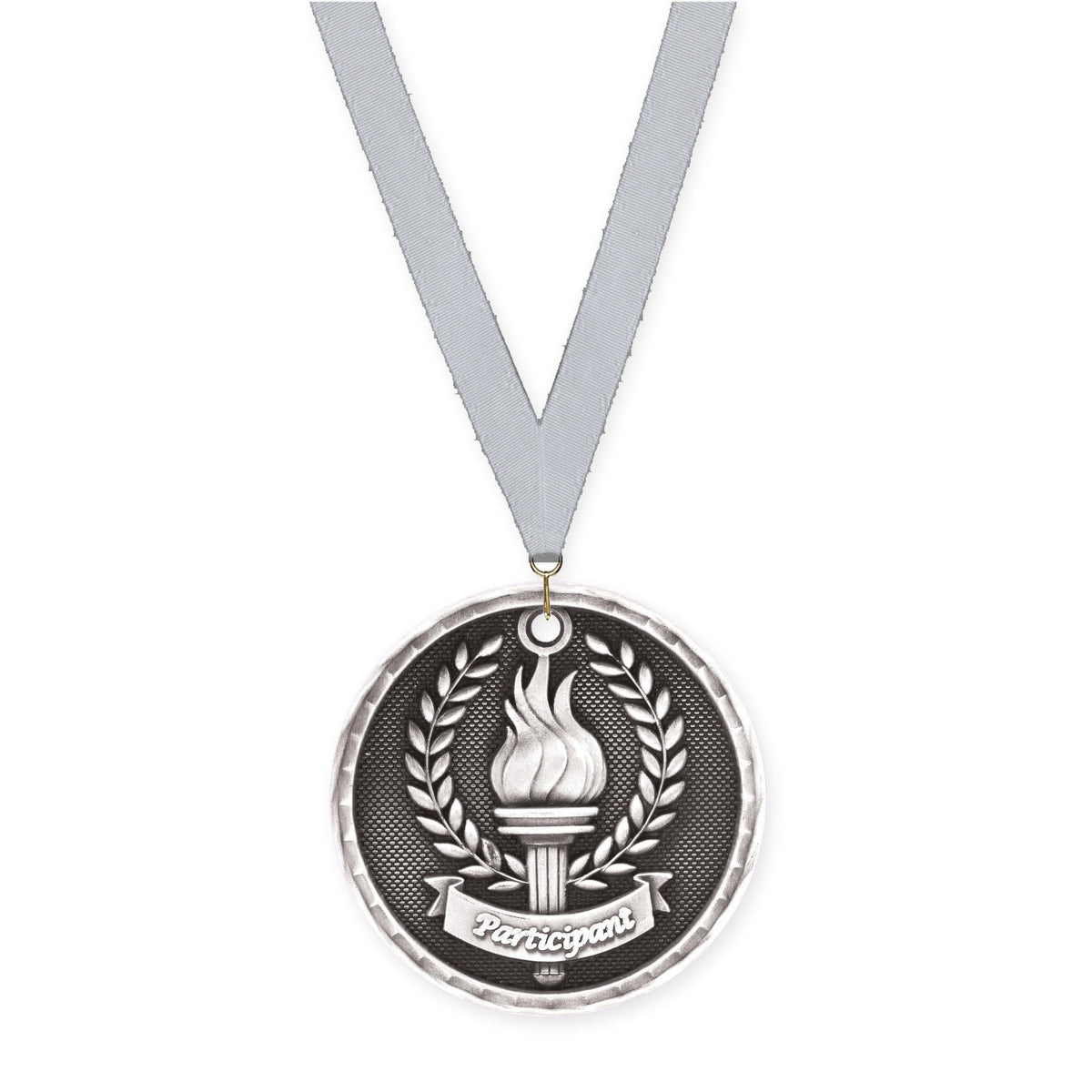 2 inch Participant 3-D medal in antique silver with Silver Metallic neck ribbon