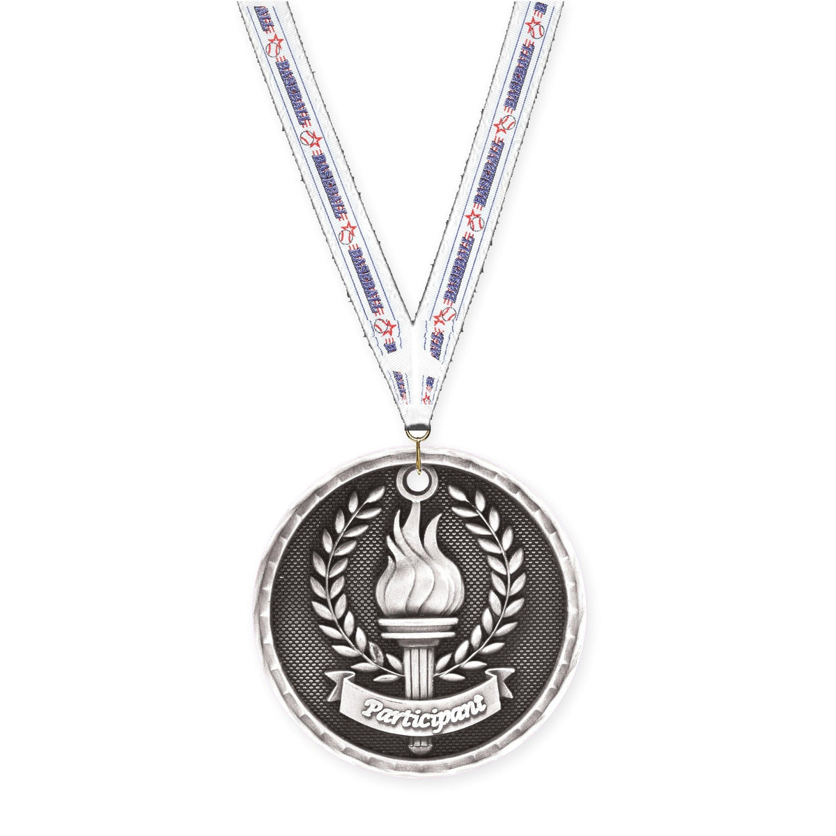 2 inch Participant 3-D medal in antique silver with Baseball neck ribbon