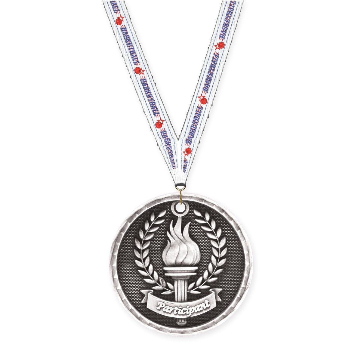2 inch Participant 3-D medal in antique silver with Basketball neck ribbon