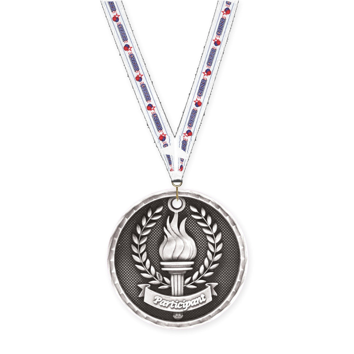 2 inch Participant 3-D medal in antique silver with Cheerleading neck ribbon