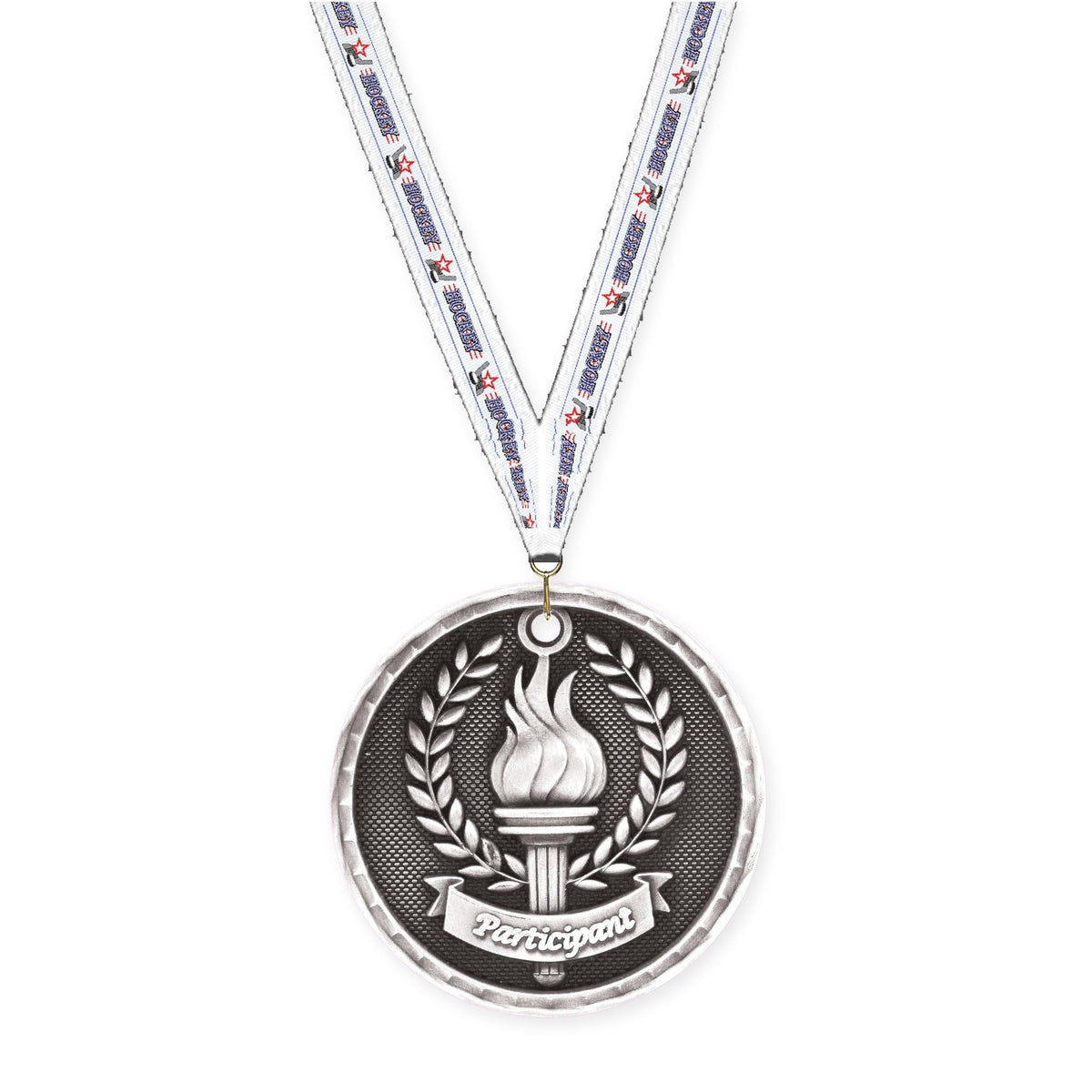 2 inch Participant 3-D medal in antique silver with Hockey neck ribbon