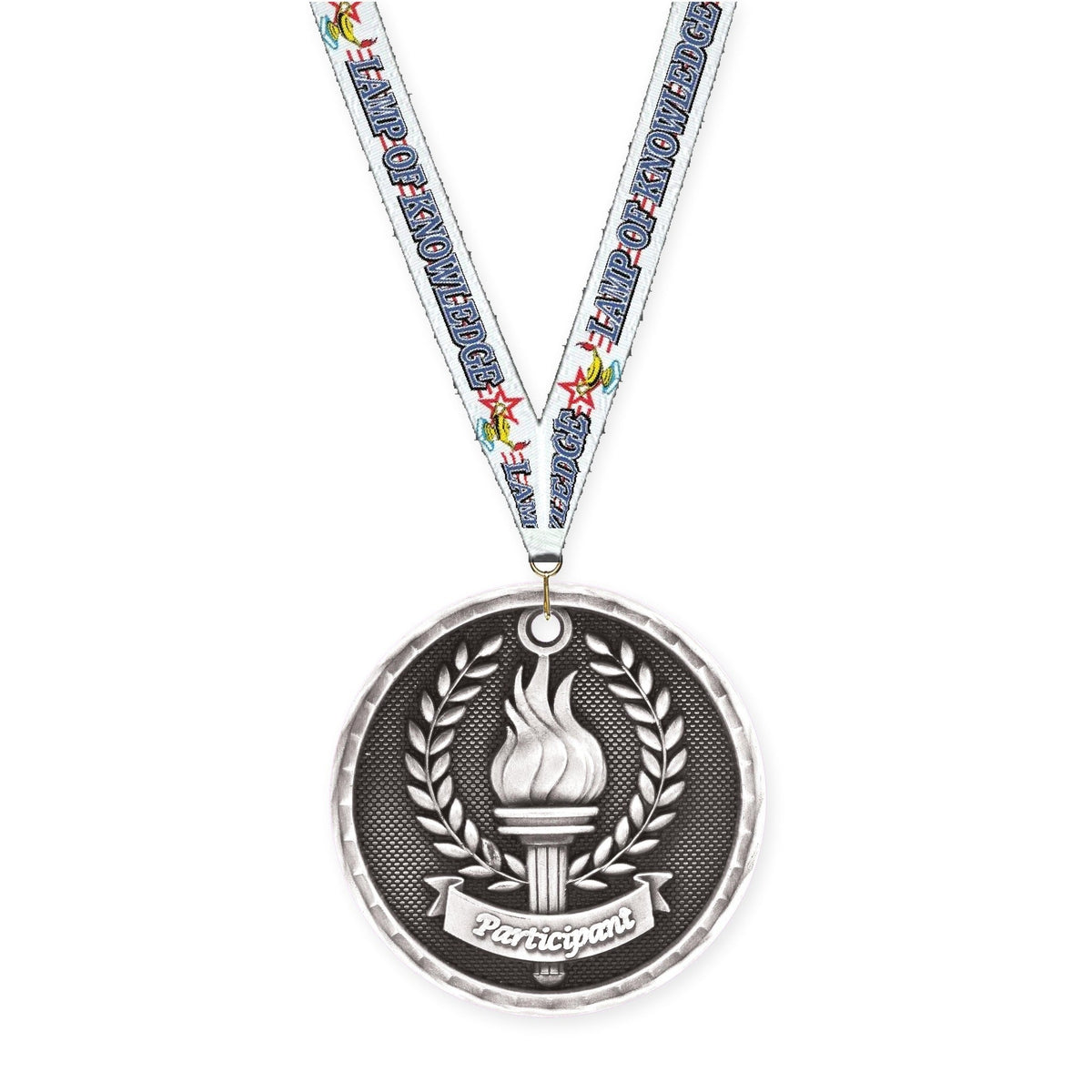 2 inch Participant 3-D medal in antique silver with Lamp Of Knowledge neck ribbon