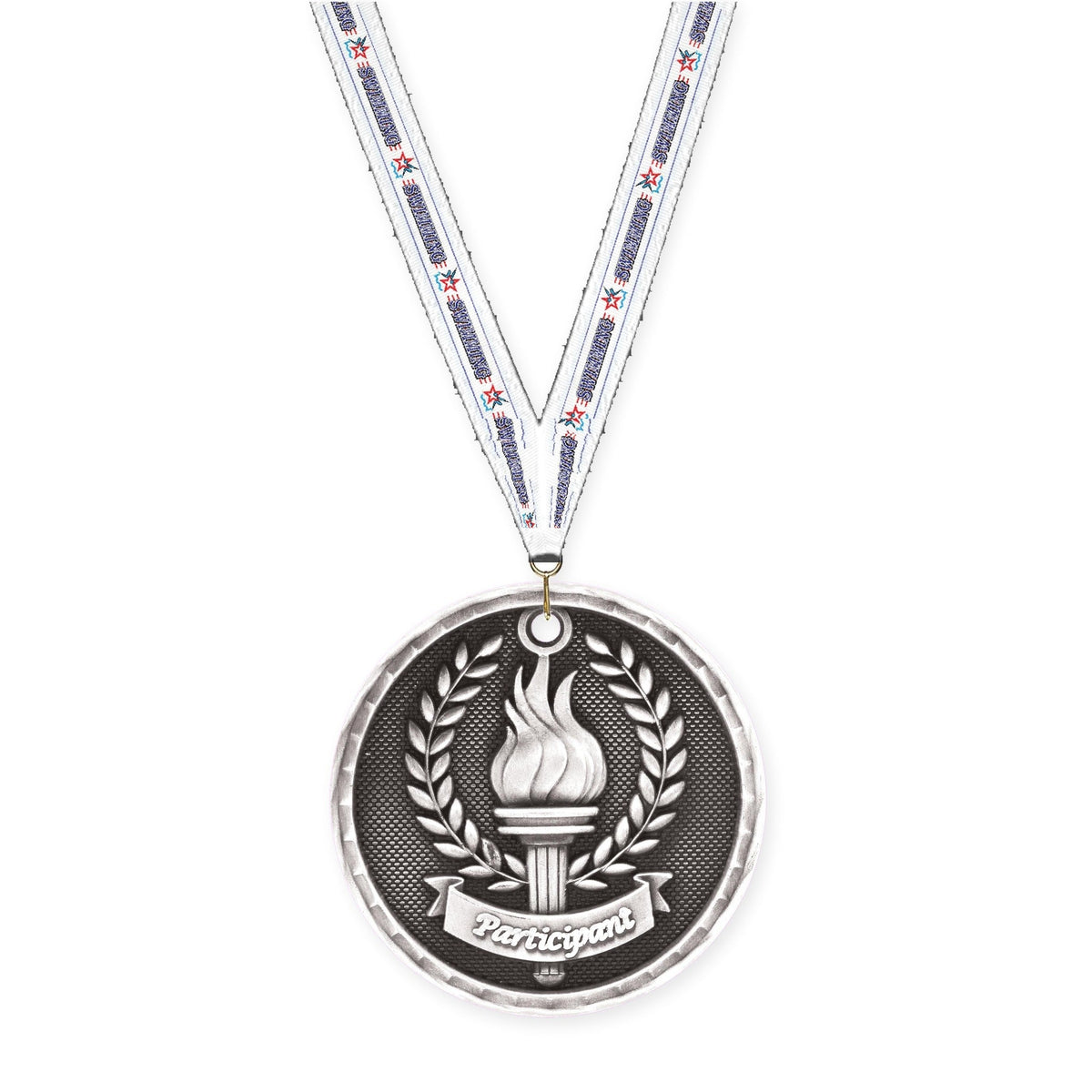 2 inch Participant 3-D medal in antique silver with Swimming neck ribbon