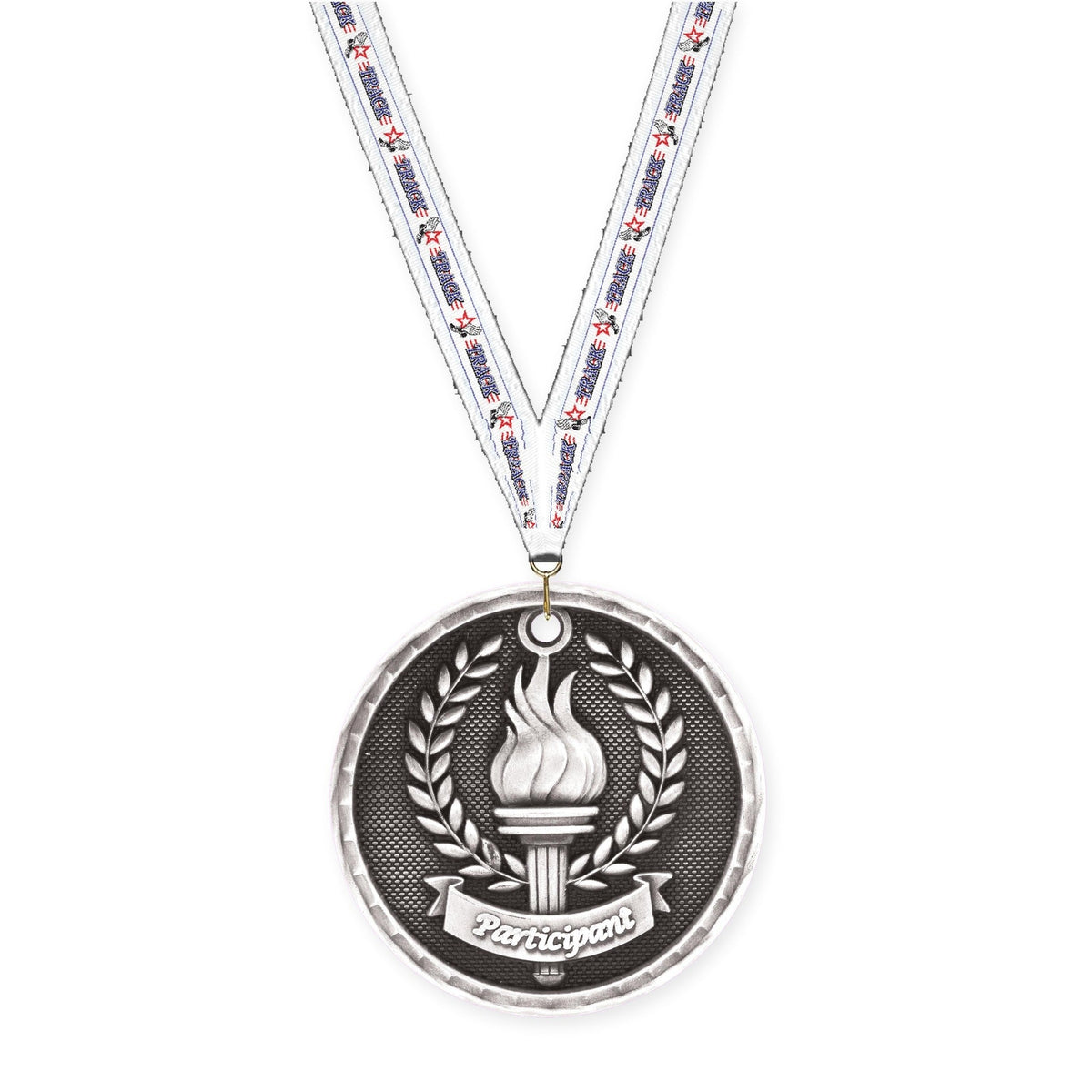 2 inch Participant 3-D medal in antique silver with Track neck ribbon