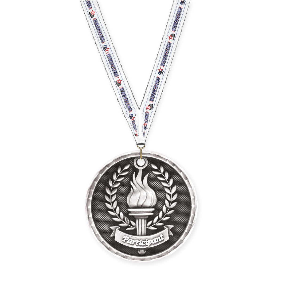 2 inch Participant 3-D medal in antique silver with Wrestling neck ribbon