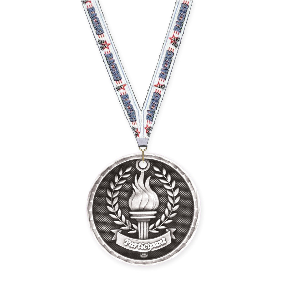 2 inch Participant 3-D medal in antique silver with Auto Racing neck ribbon
