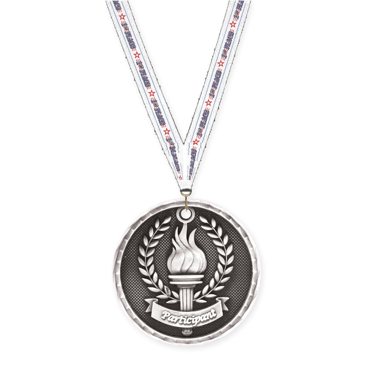 2 inch Participant 3-D medal in antique silver with 1st Place neck ribbon