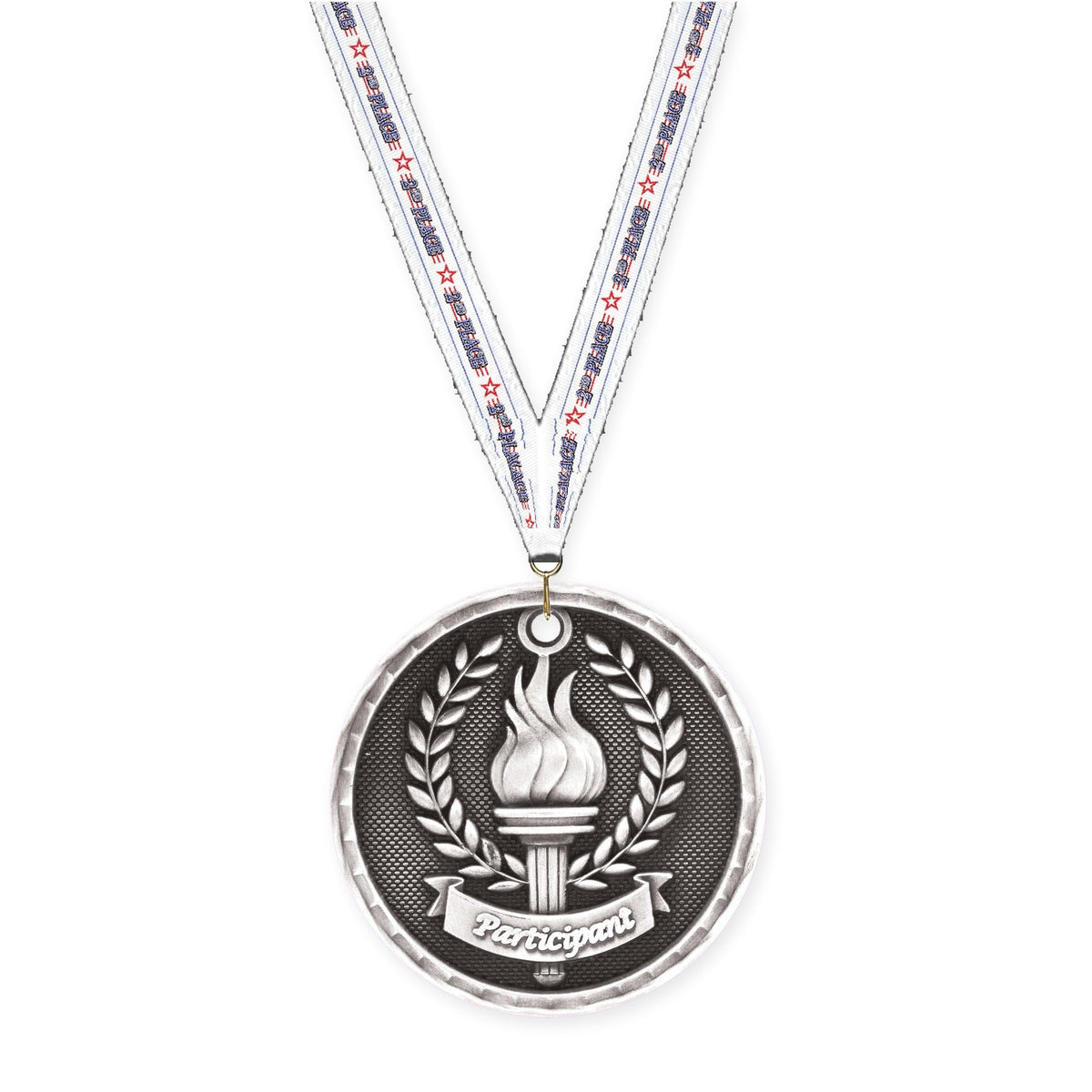 2 inch Participant 3-D medal in antique silver with 2nd Place neck ribbon