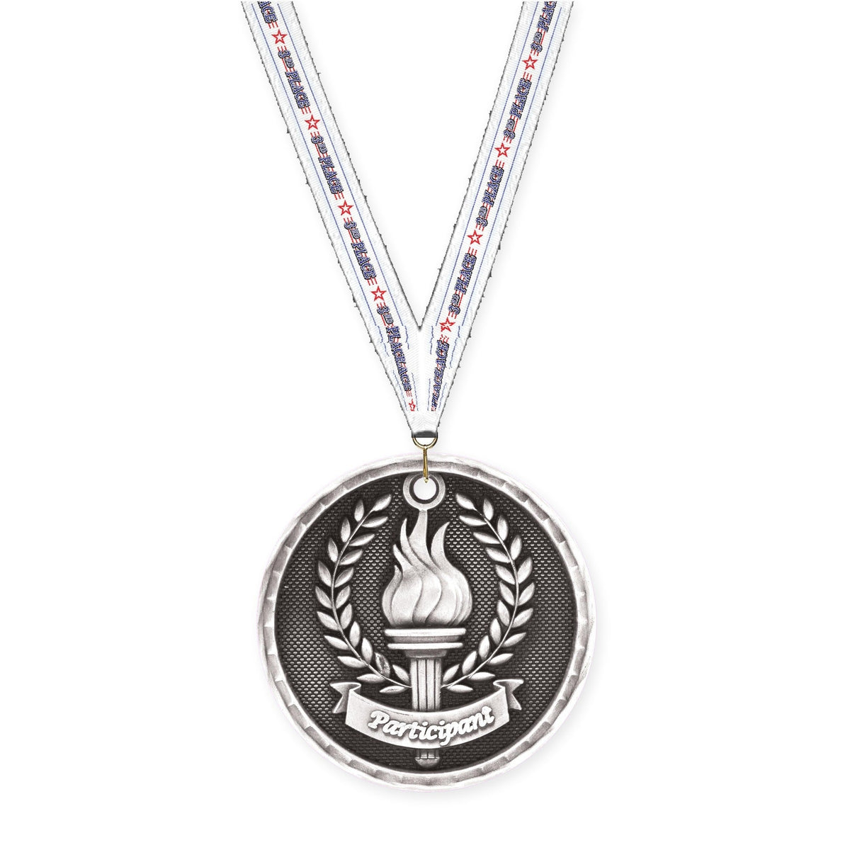 2 inch Participant 3-D medal in antique silver with 3rd Place neck ribbon