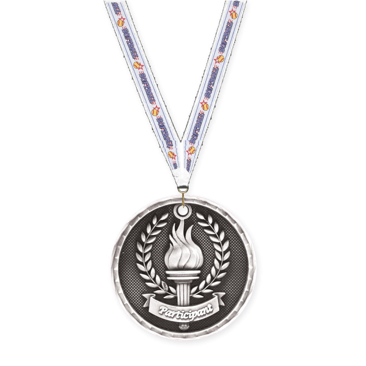2 inch Participant 3-D medal in antique silver with Softball neck ribbon
