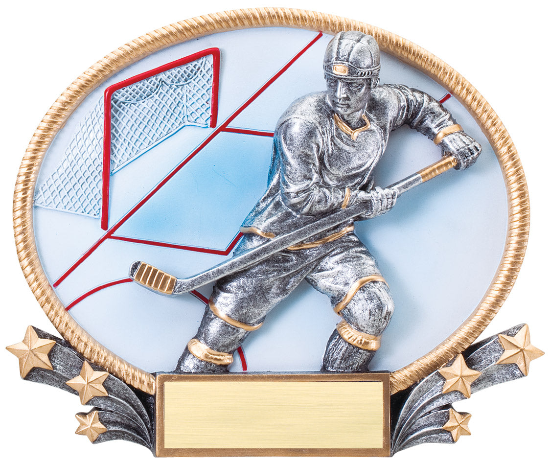 3-D hockey oval award with silver player and full-color rink scene