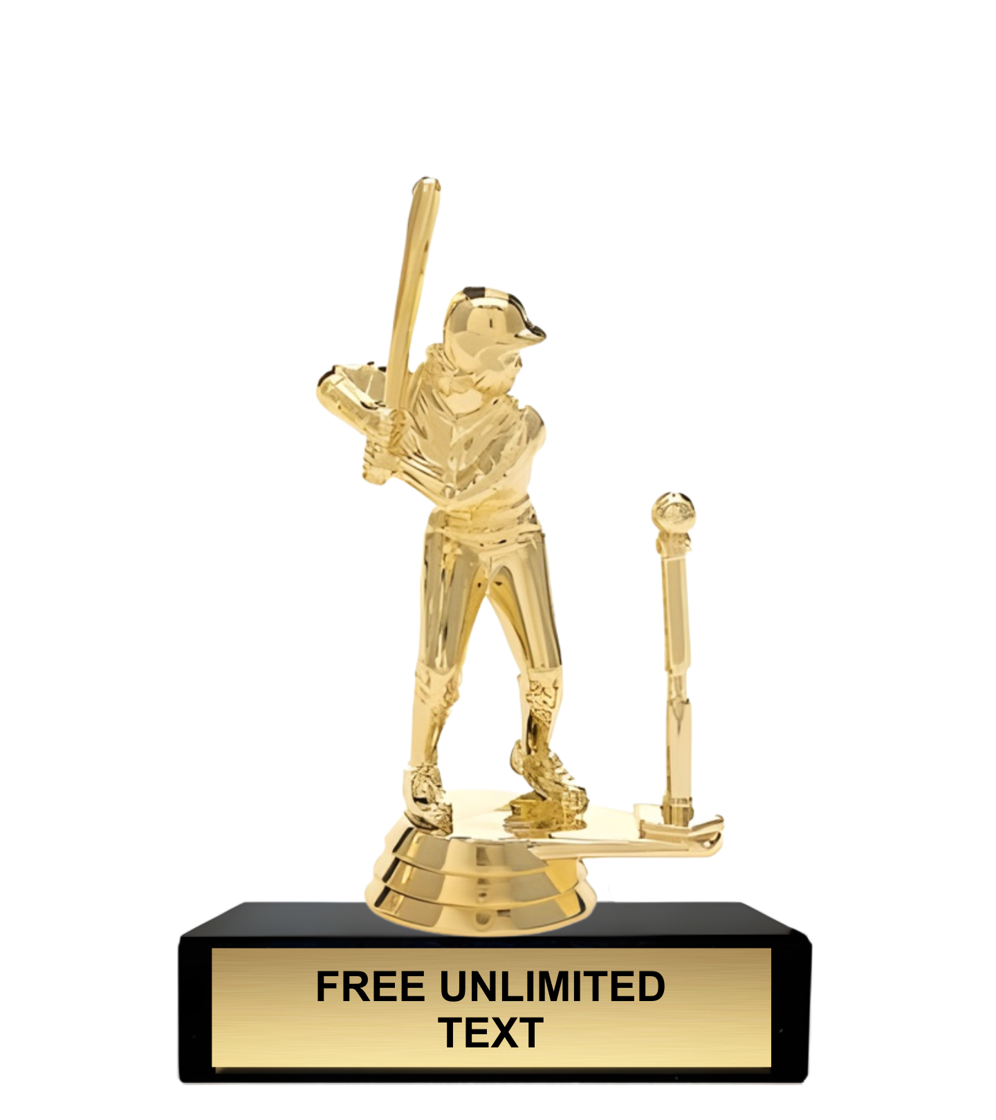 Gold trophy of a female t-ball player with a bat on a black base, featuring customizable text.