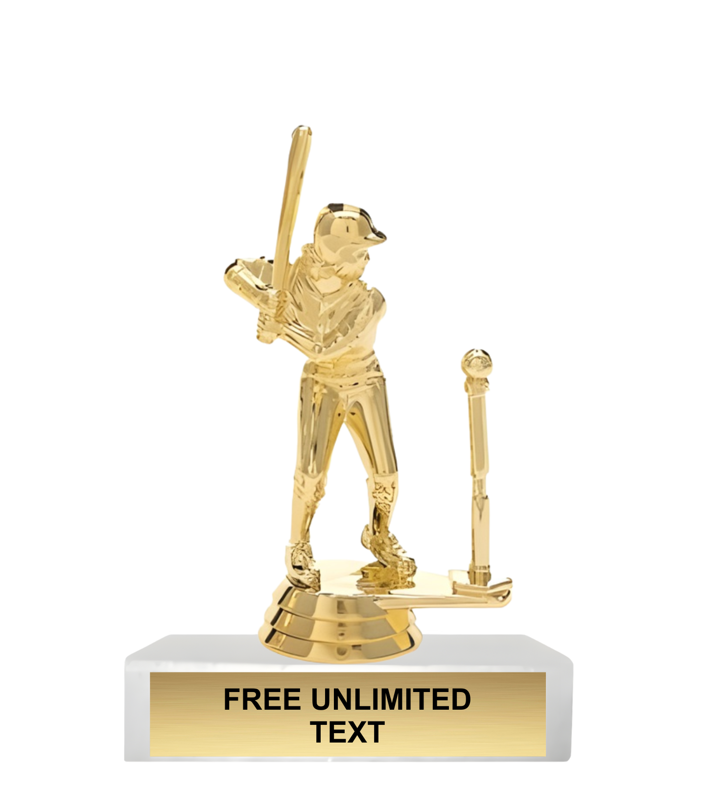 Gold t-ball trophy with a female player holding a bat on a white base